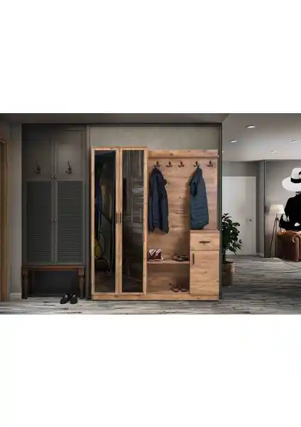 Moderniya Mobilya Flora İki Kapılı Ceviz Aynalı Portmanto ve Ayakkabılık