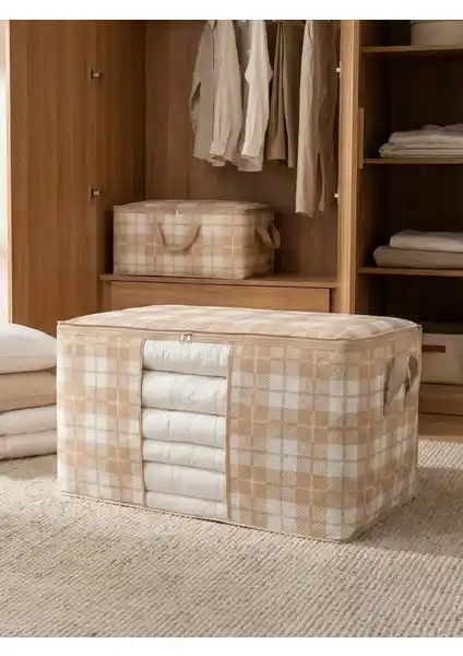 Nacarev Mega Boy Pencereli Ekose Bej Hurç ile Evde Pratik ve Şık Depolama Çözümü