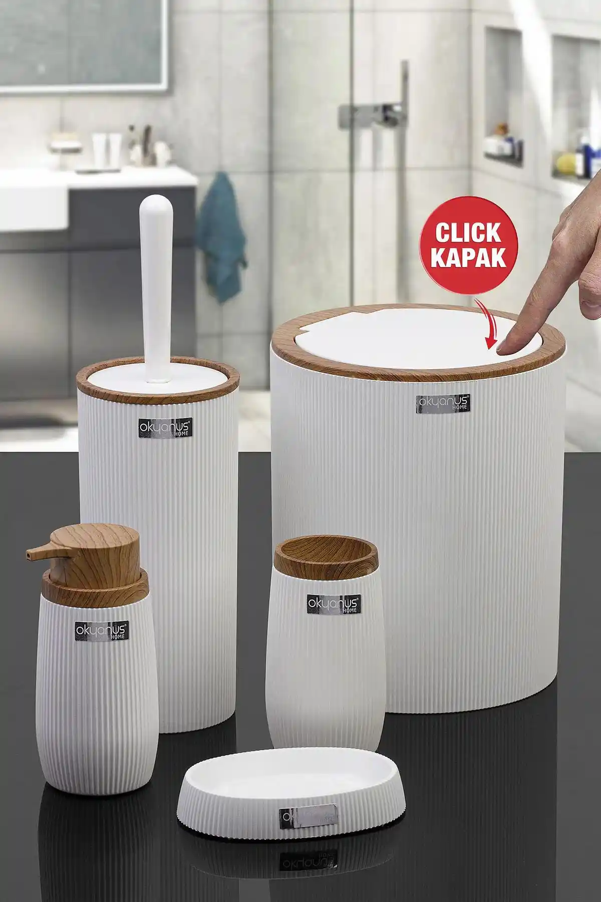 Okyanus Home Beyaz Ahşap Detaylı 5'li Banyo Seti Modern ve Dayanıklı Tasarım