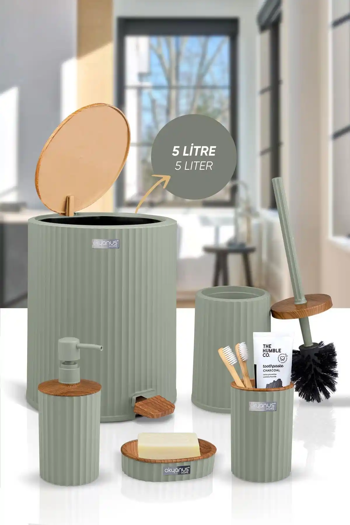 Okyanus Home Coliseum Yeşil Ahşap Desenli Kovalı Pedallı 5'li Banyo Seti İnceleme ve Özellikleri