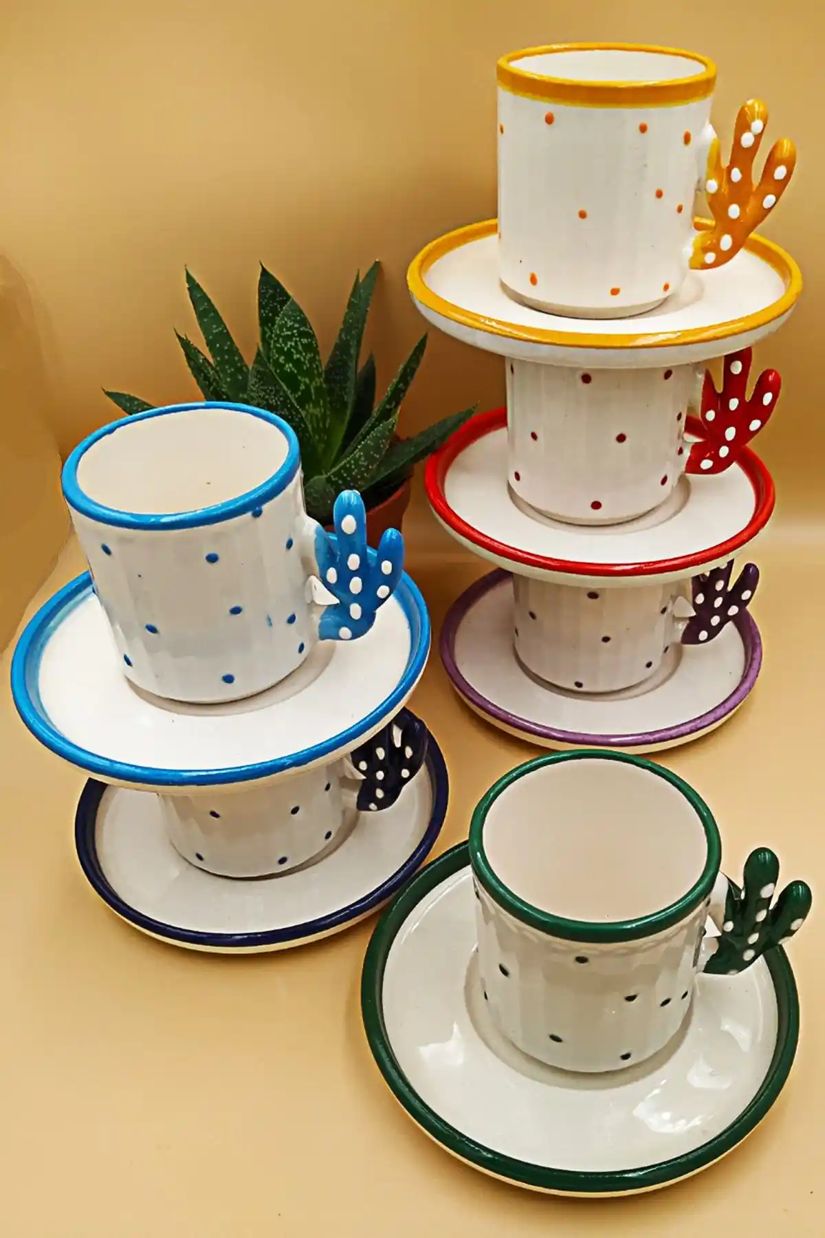 Otogar Çini Kaktüs Seramik Kahve Fincan Takımı Doğal ve El Yapımı Tasarım