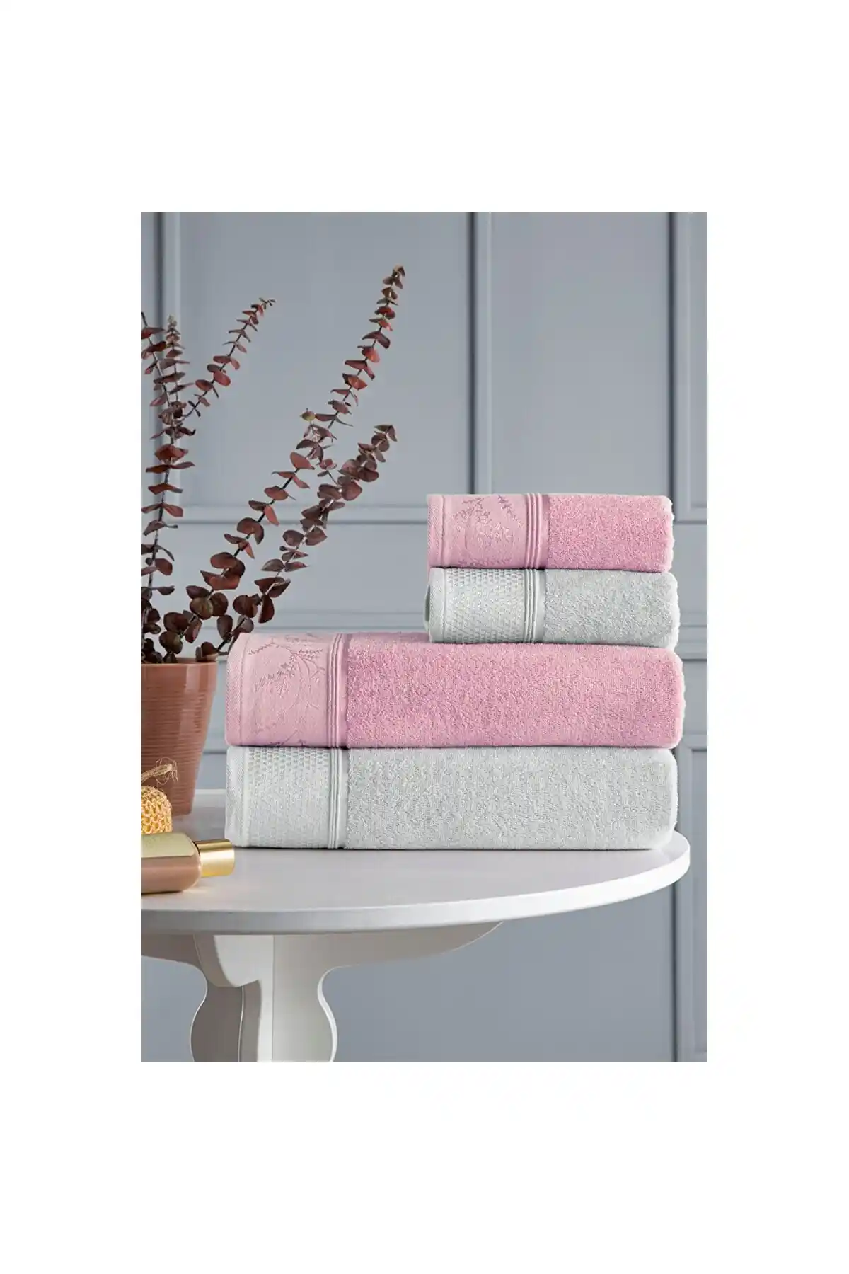 Özdilek Ditsy Gri Pembe Best Set Hamam Takımı: Yüksek Kalite ve Şık Tasarım