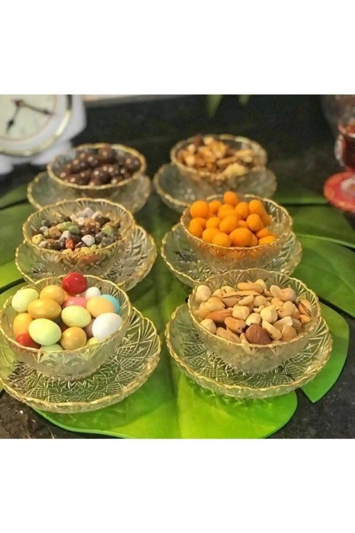 Panayır El Dekorlu Altın Yalnızlı Kristal Kase Seti 12 Parça 6 Kişilik Şık Masa Dekoru