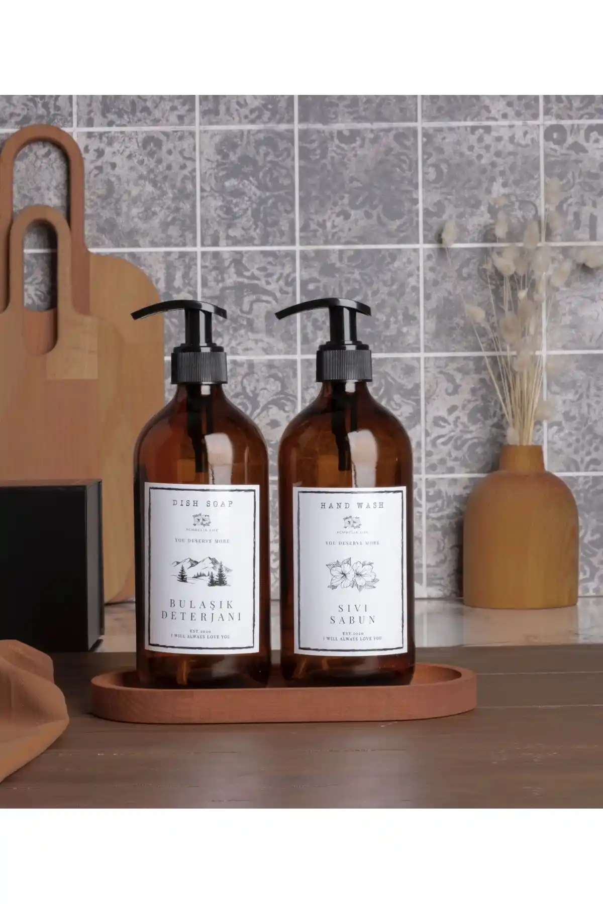 Pembelia Life Ahşap Standlı 2'li Amber Cam Sabunluk Seti Modern ve Şık Banyo Dekoru Ürünü