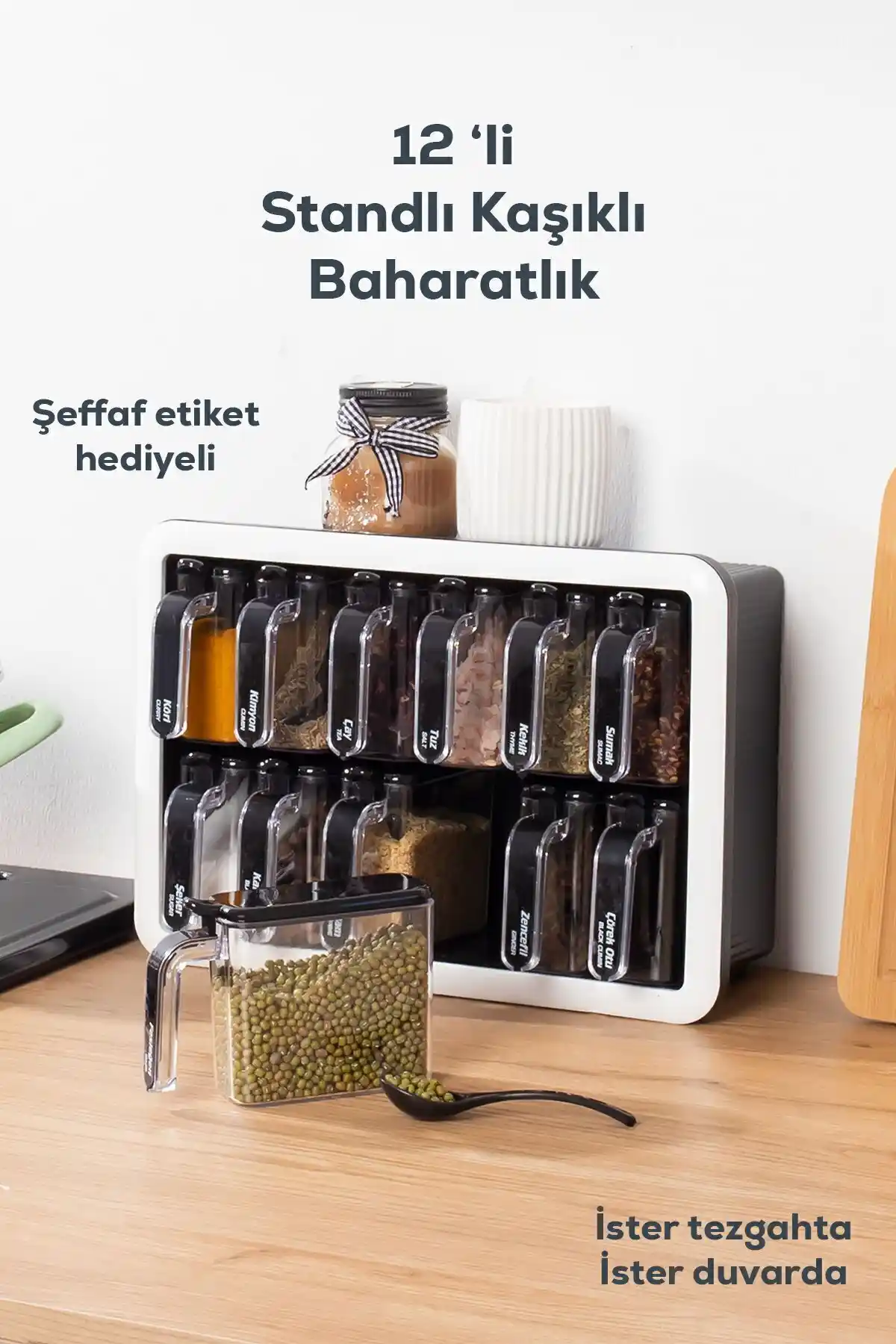 Porsima 1041 Standlı 12'li Kendinden Yapışkanlı Baharatlık Takımı ile Mutfak Düzeninizi Geliştirin