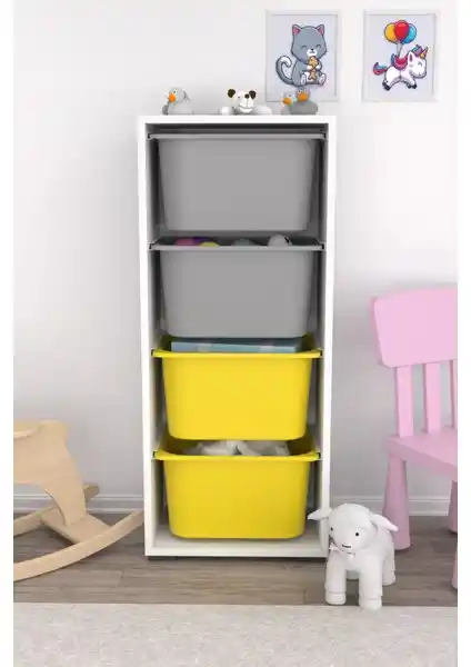 Pratico 4 Derin Sepetli Sarı Gri Çok Amaçlı Oyuncak Dolabı: Çok Yönlü ve Şık Depolama Çözümü