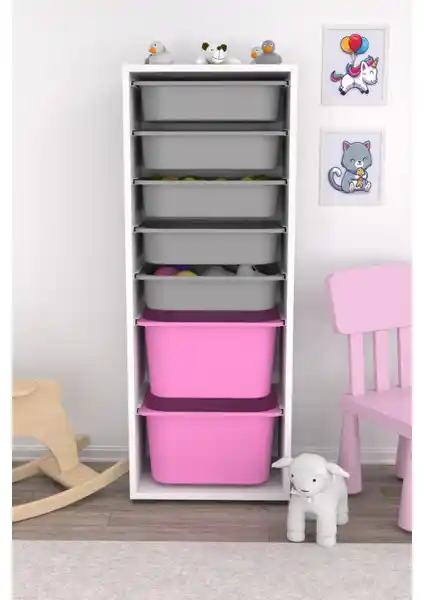 Pratico 7 Sepetli Pembe Gri Çok Amaçlı Oyuncak Dolabı: Dayanıklı ve Şık Depolama Çözümü