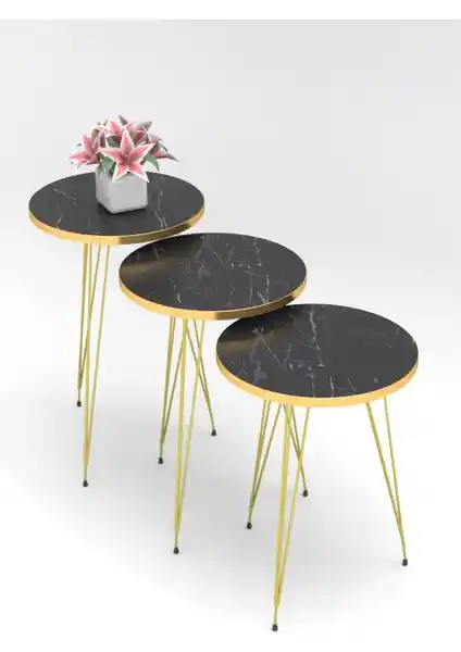 Pratico Gold Metal Ayak Siyah Mermer Desen Zigon Sehpa Seti Modern ve Dayanıklı Tasarım