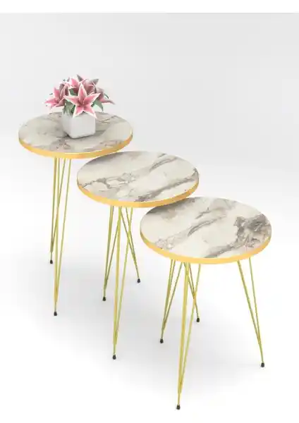 Pratico Gold Tel Ayaklı Beyaz Mermer Çift Kenar Zigon Sehpa Modern Tasarım ve Kullanım Kolaylığıyla