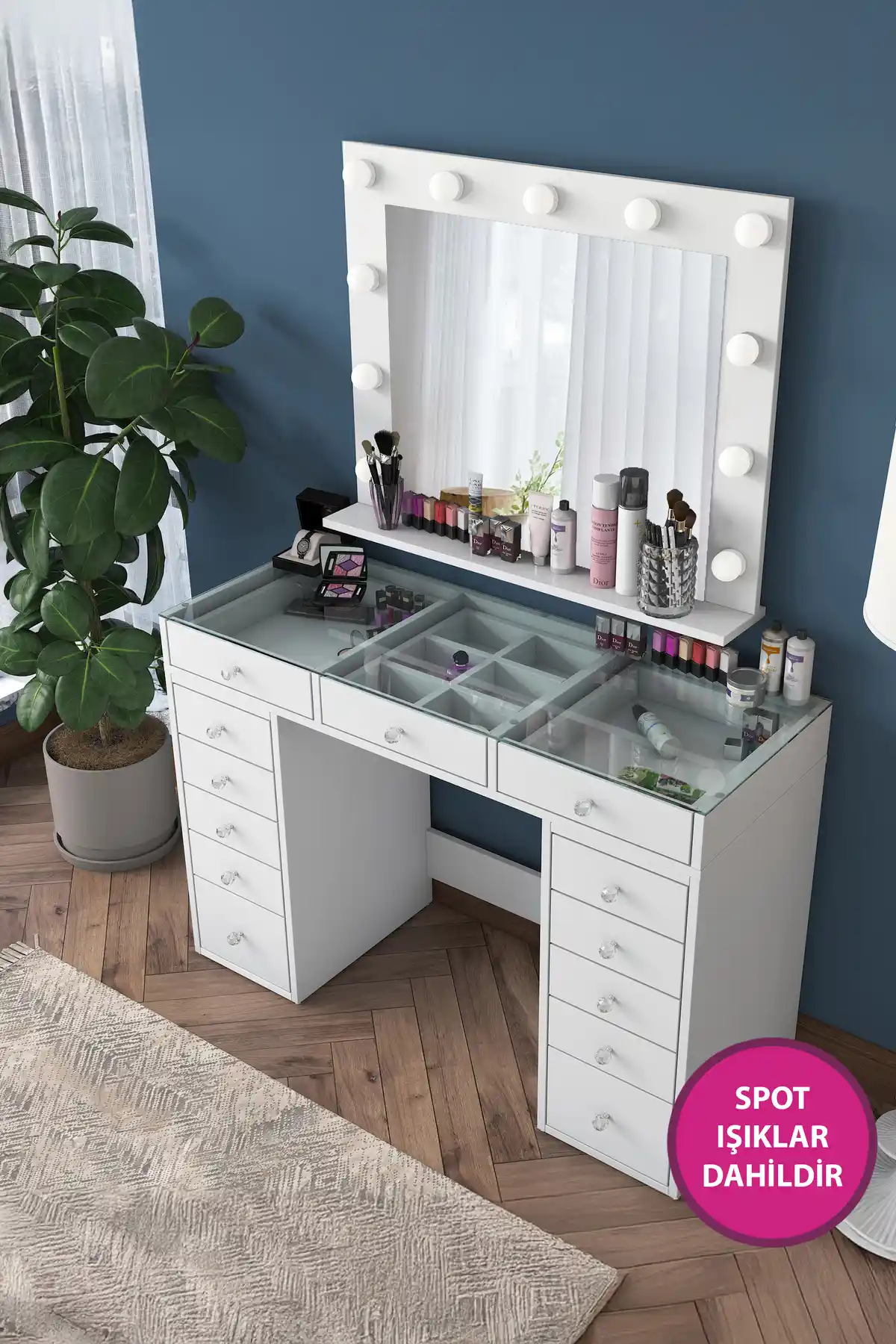 Rani Mobilya Rani Bj118 Hollywood Işıklı Aynalı Makyaj Masası Modern Tasarım ve Fonksiyonellik