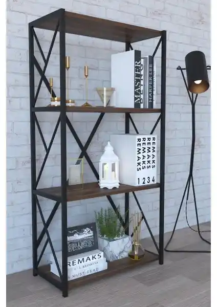 Remaks 4 Raflı Metal Kitaplık Ceviz Rengi Estetik ve Dayanıklı Tasarım