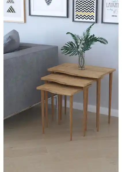 Remaks Bayrak 3'lü Zigon Sehpa Meşe Renkli Modern ve Çok Fonksiyonlu Tasarım