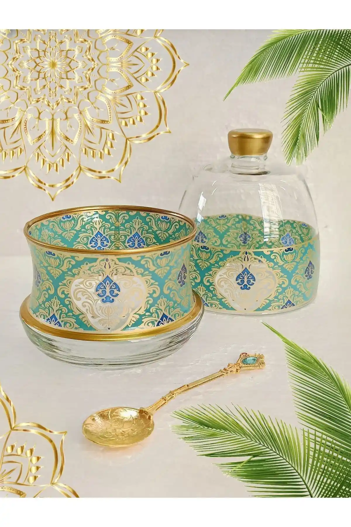 SAMSA Altın Yeşil Desenli Model Şekerlik Lokumluk Seti Estetik ve Fonksiyonellik Bir Arada