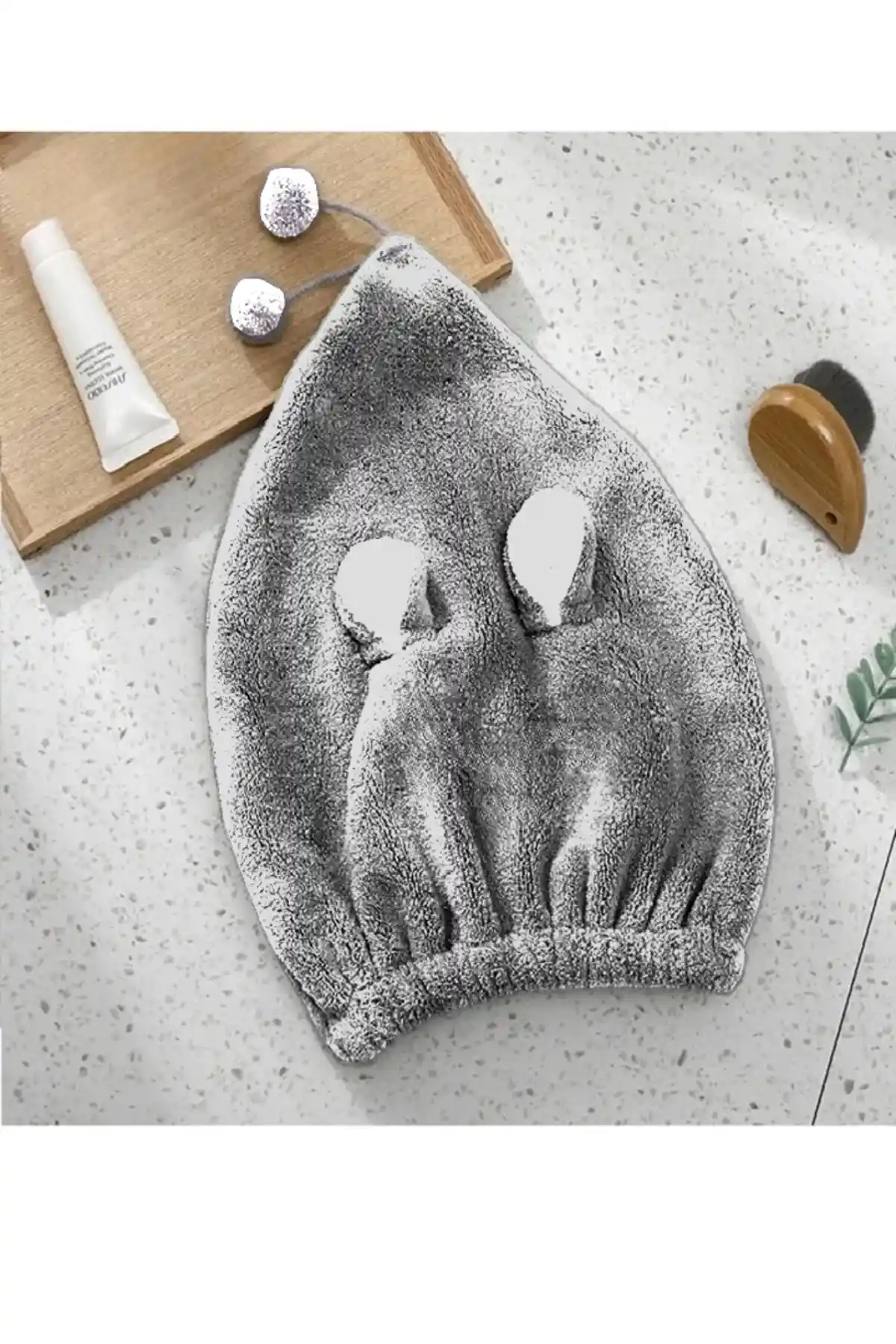 SB SizinBazar Gri Sevimli Tavşan Saç Bonesi - Modern ve Yüksek Emicilikli Pamuklu Banyo Aksesuarı