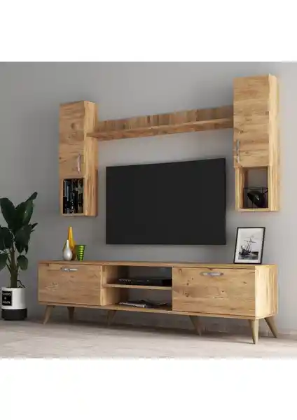 Tanmob Mega 180 Lik Kapaklı Raflı TV Ünitesi Çam Renkli Modern Oturma Odası Dekorasyonu