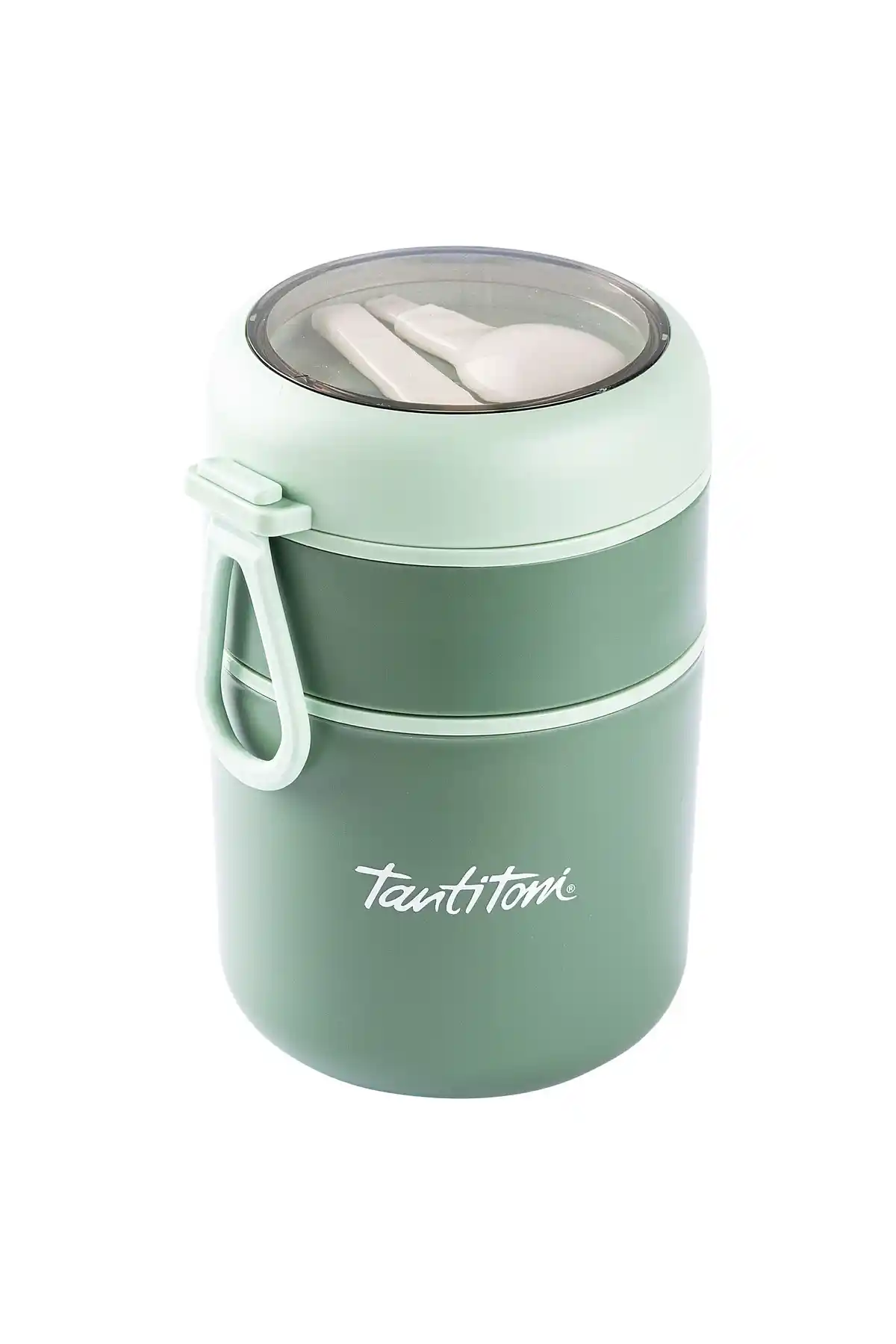 Tantitoni Yeşil Paslanmaz Çelik 2 Katlı Plastik Kaşıklı Yemek Kabı Günlük Kullanım İçin