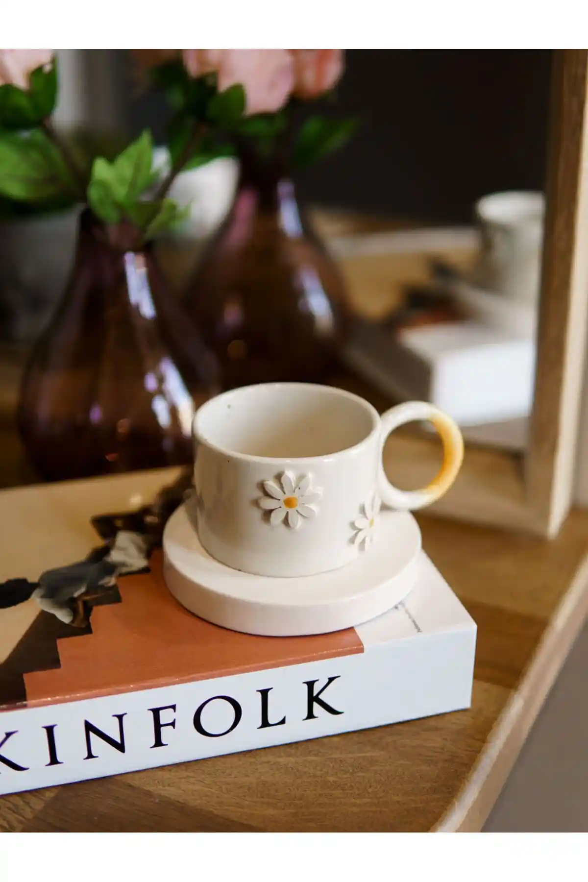 Terraco Seramik Papatya Desenli El Yapımı Kupa: Estetik ve Dayanıklı Kahve ve Çay Kupası