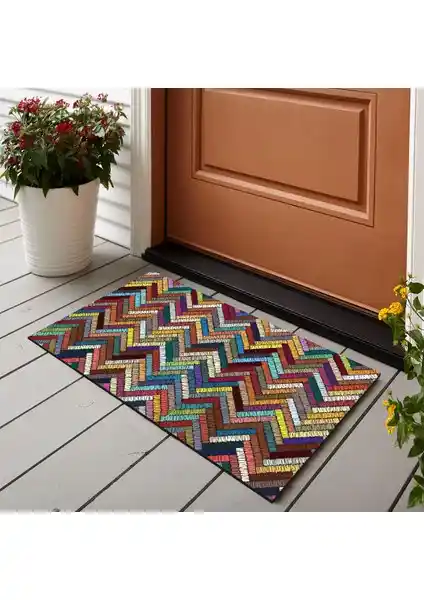 Vagonik Zigzag Nakış Desenli Dijital Baskılı Çok Amaçlı Kapı Paspası 50x70 cm