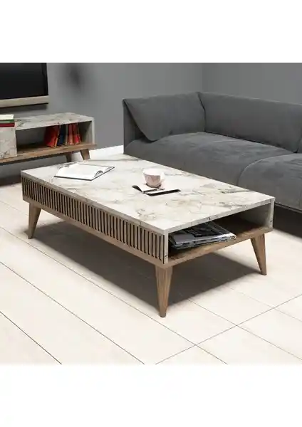 Variant Mobilya Milan Orta Sehpa Ceviz ve Beyaz Mermer Modern Tasarım