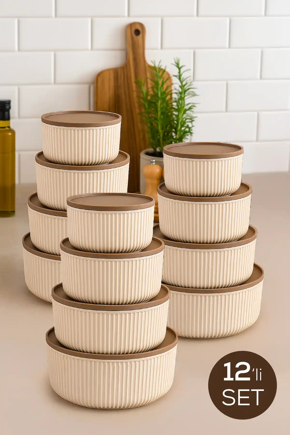 Vienev 12'li Çizgili Yuvarlak Saklama Kabı Seti Bej Modern ve Pratik Mutfak Gereçleri