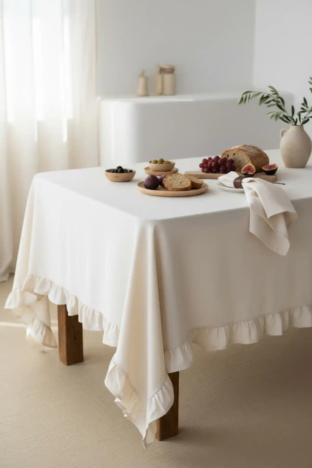 Wellstil Perla Fırfırlı Keten Bej Masa Örtüsü Şık ve Dayanıklı Tasarım