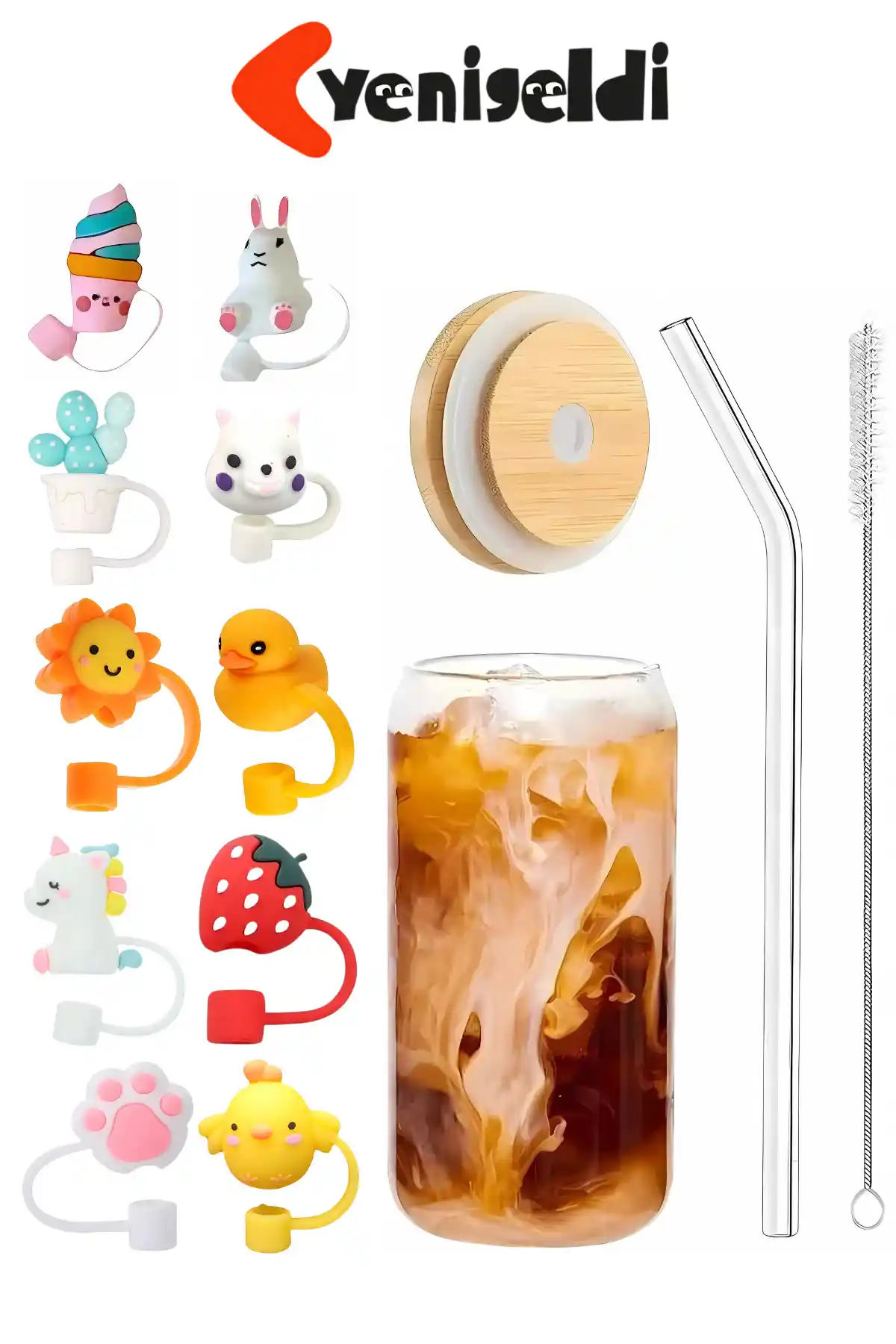 Yenigeldi 300 ml Cam Bardak Bambu Kapaklı Pipetli Sağlıklı ve Şık Tasarım