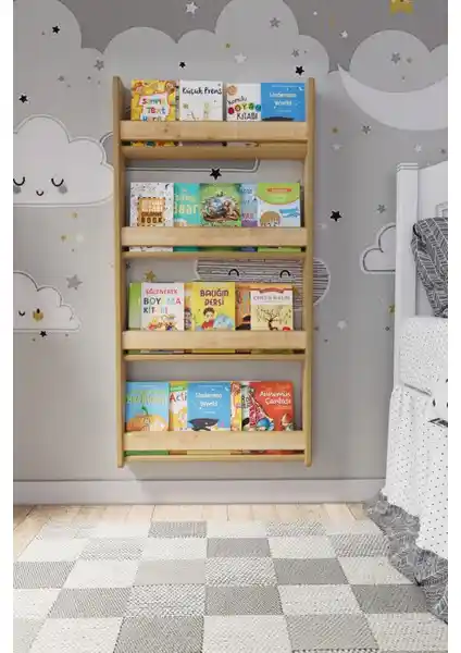 Zeo Wood Design Montessori 4 Raflı MDF Çocuk Kitaplığı Güvenli ve Estetik Tasarım