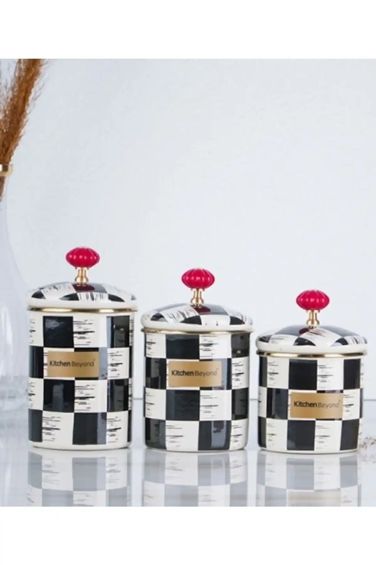Zücev Acar Kitchen Beyond Dama Desen Siyah-Krem Emaye 3'lü Kavanoz Saklama Baharat Takımı