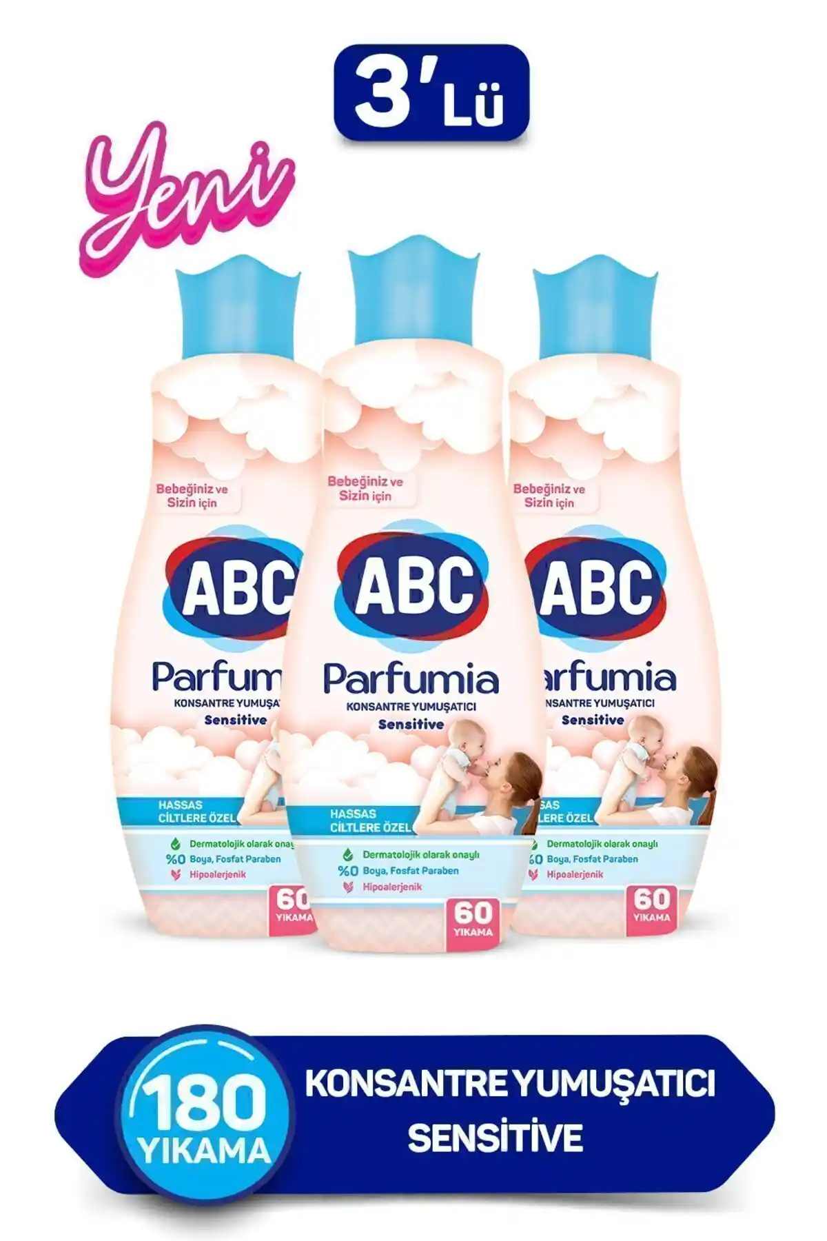 ABC Konsantre Yumuşatıcı Parfümü Sensıtıve 1440 ml 3'lü Paket Çamaşır Yumuşatıcı