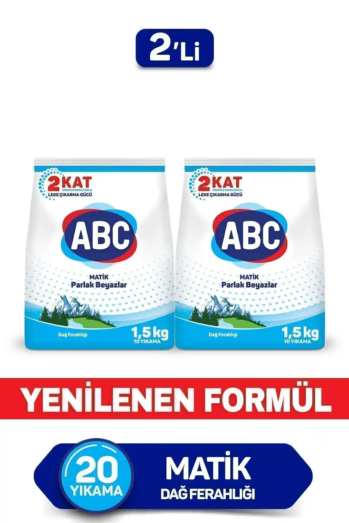 ABC Matik Dağ Ferahlığı 1,5kgx2 Paket Renkli ve Beyaz Çamaşırlar İçin Yüksek Performanslı Deterjan