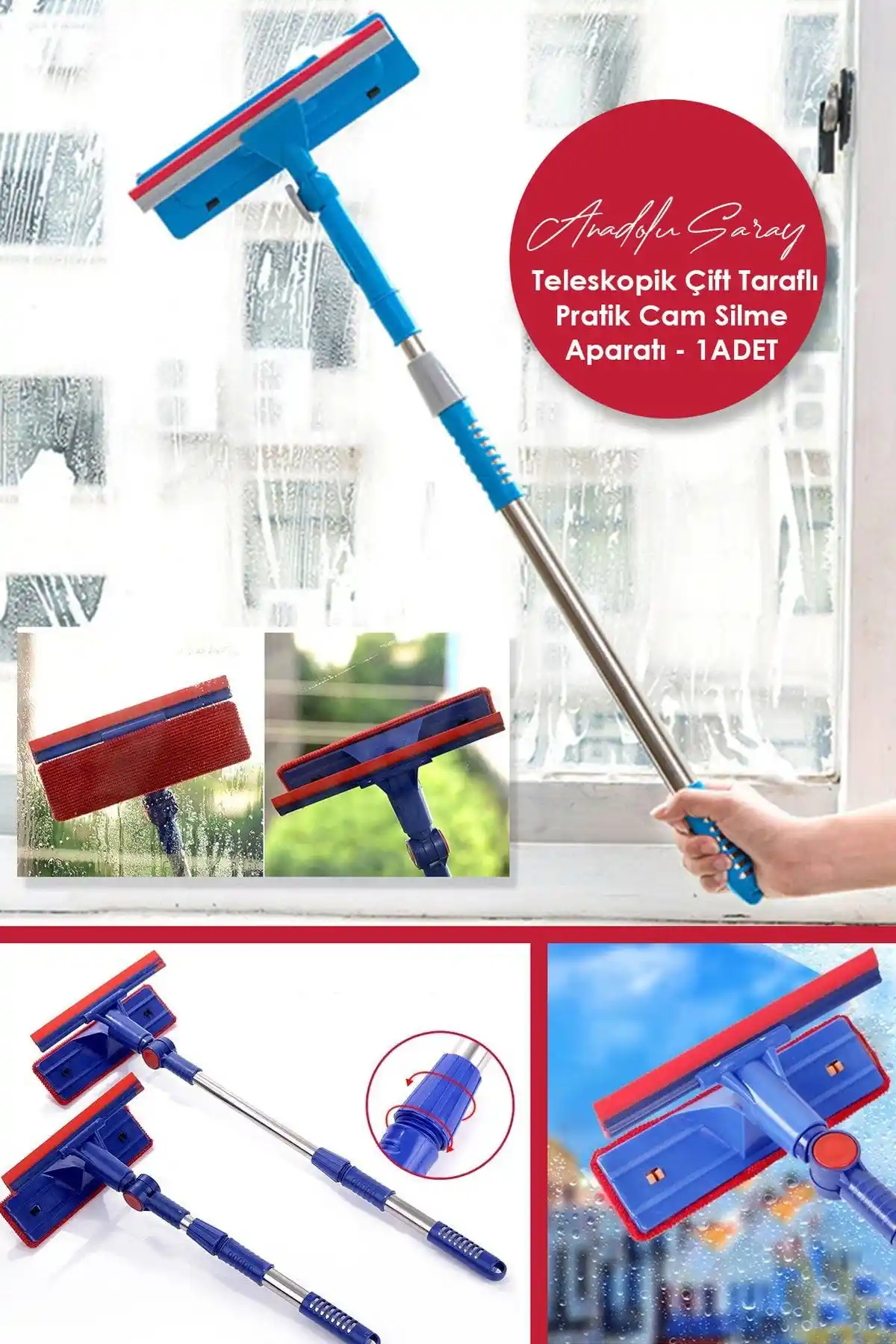 Anadolu Saray Çarşısı Teleskopik Çift Taraflı Pratik Cam Silme Aparatı Özellikleri ve Kullanım Avantajları