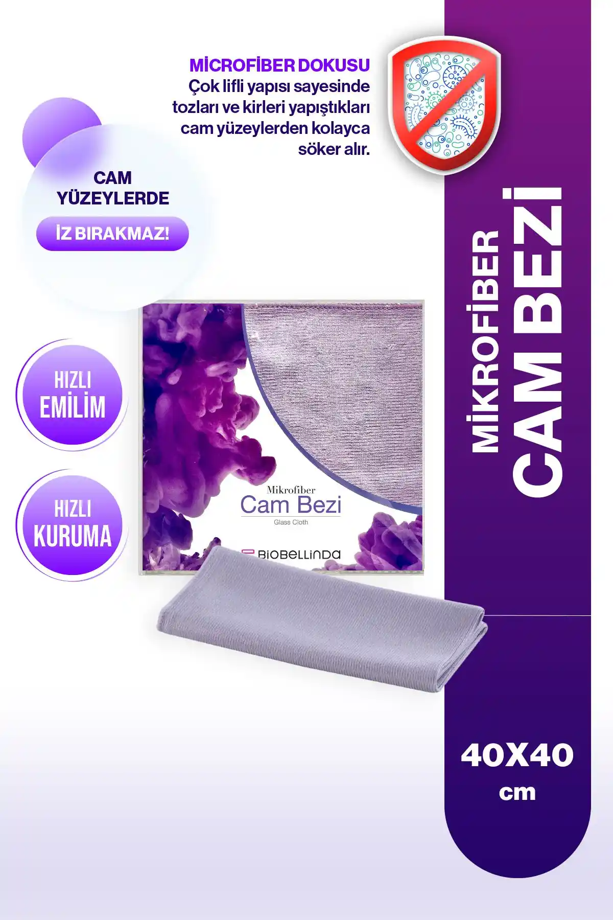 BioBellinda Mikrofiber Cam Bezi 40x40 cm Hassas Yüzey Temizliği İçin Profesyonel Çözüm