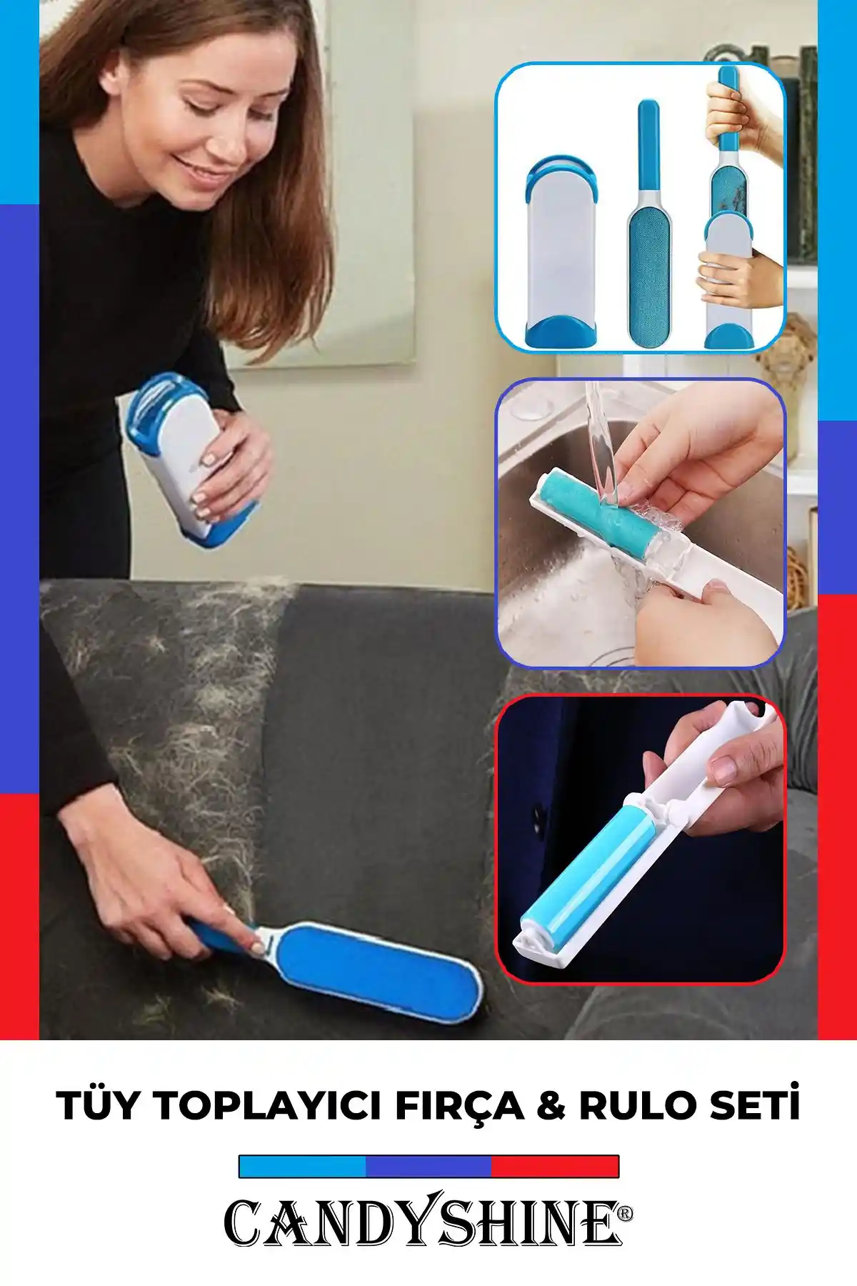 CandyShine Temizlenebilir Tüy Toplama Fırça ve Rulo Seti ile Pratik Ev Temizliği