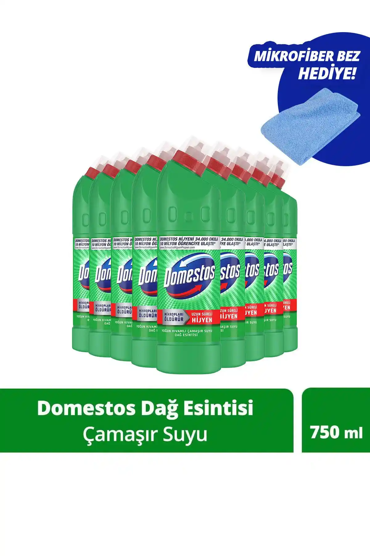 Domestos Çamaşır Suyu Dağ Esintisi 750 ml ve Mikrofiber Bez Hediye ile Temizlikte Yeni Dönem