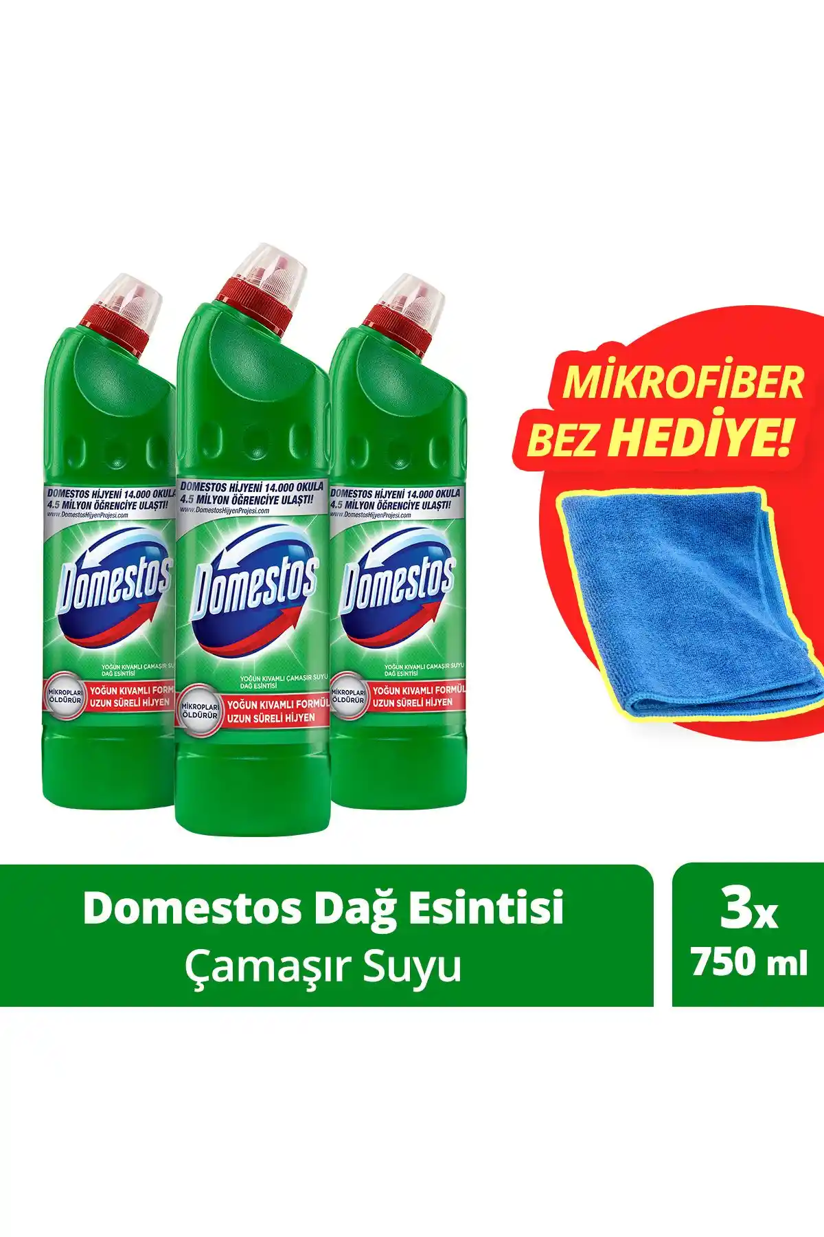 Domestos Çamaşır Suyu Dağ Esintisi ve Mikrofiber Bez Seti Temizlik ve Hijyen İçin Güçlü Çözüm
