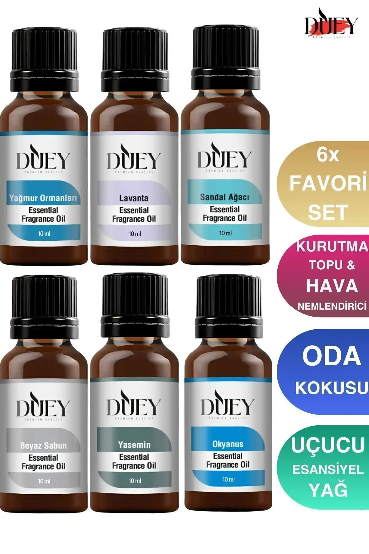 DUEY 6'lı uçucu yağ seti doğal içerikleriyle ev ve ofis ortamlarınızı ferahlatır