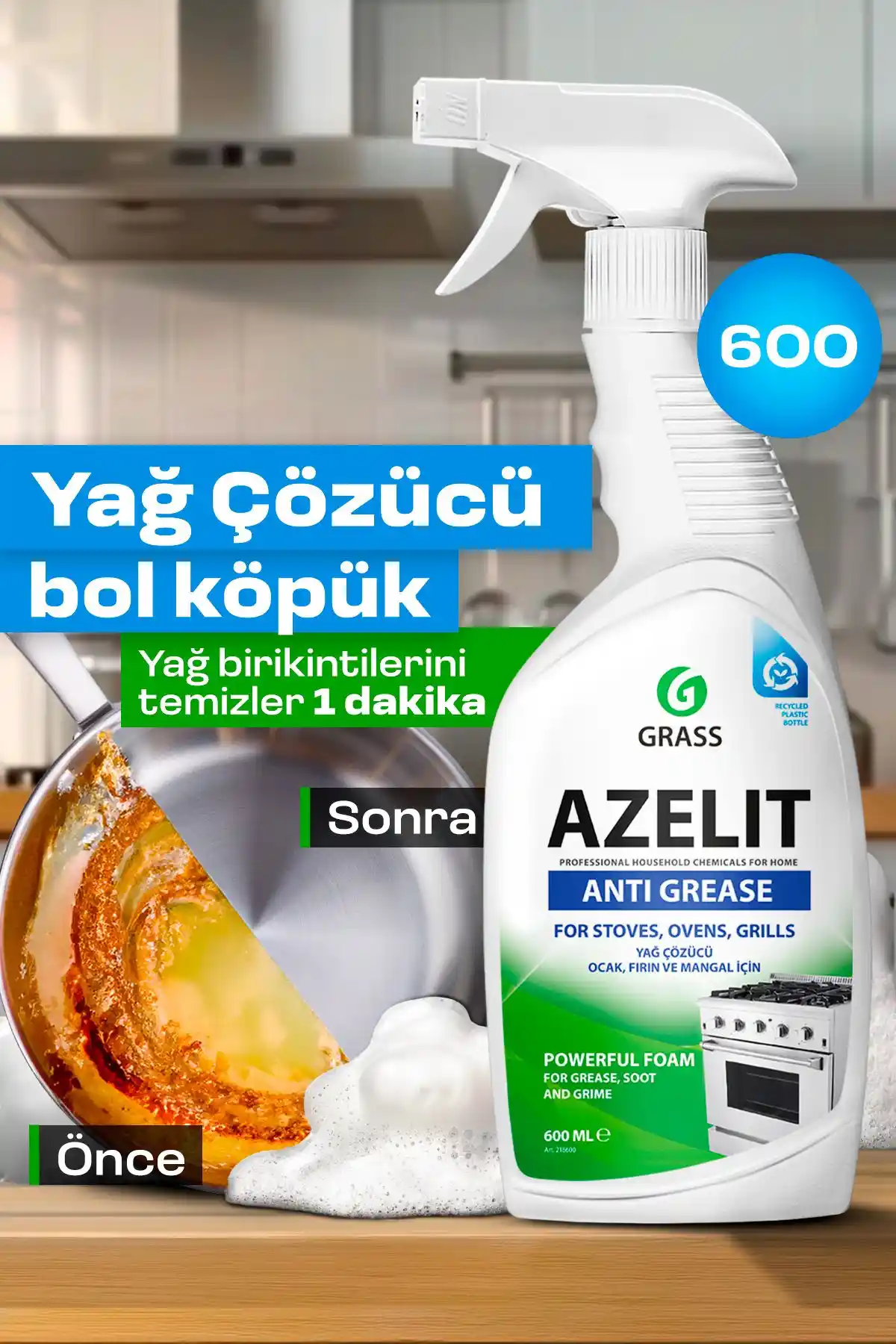 GRASS Azelit Yağ ve Kireç Sökücü Sprey 600 ML - Güçlü ve Çok Yönlü Temizlik Çözümü
