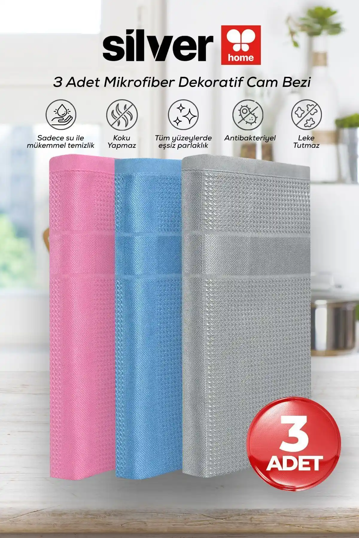 Silver Home 3'lü Mikrofiber Cam Bezi Seti: Estetik ve Yüksek Performanslı Temizlik Çözümü
