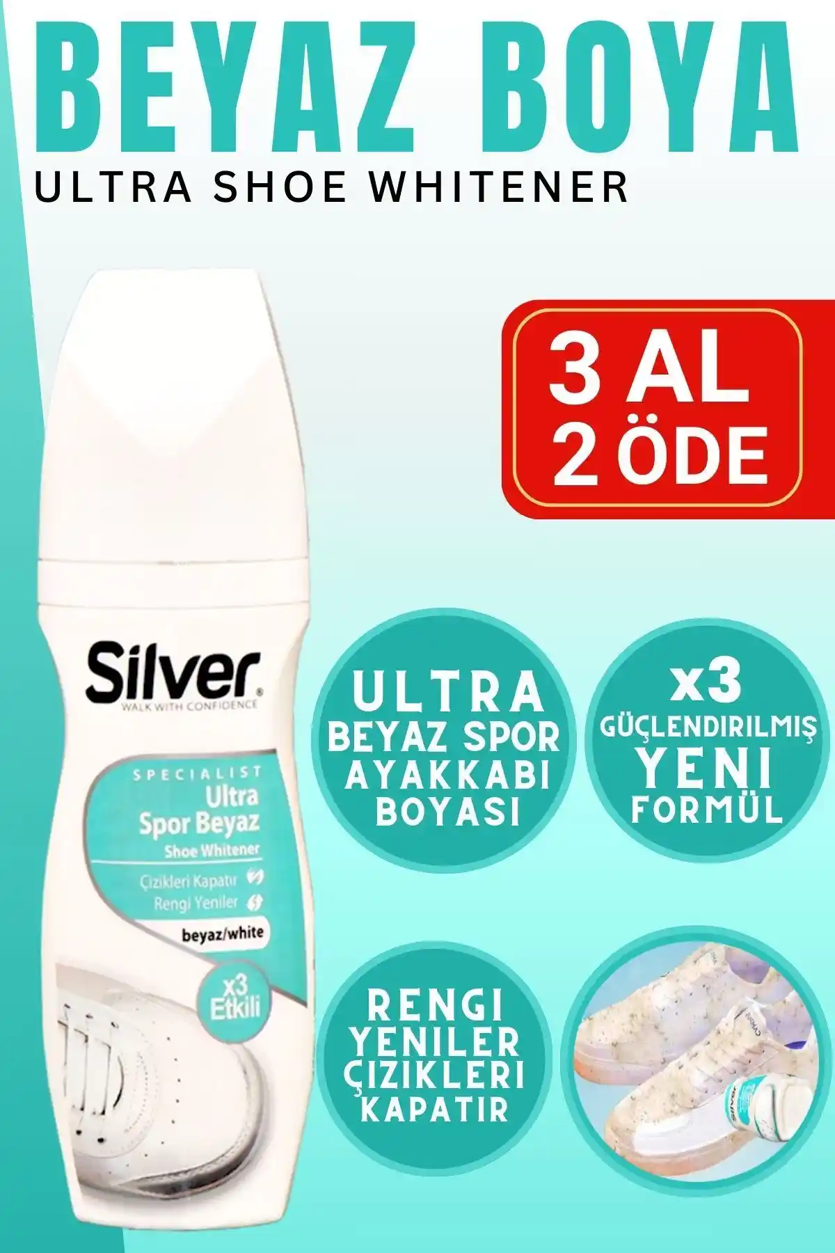 Silver X3 Ultra Beyaz Spor ve Kumaş Ayakkabı Boyası 75 ml Güçlendirilmiş Formül