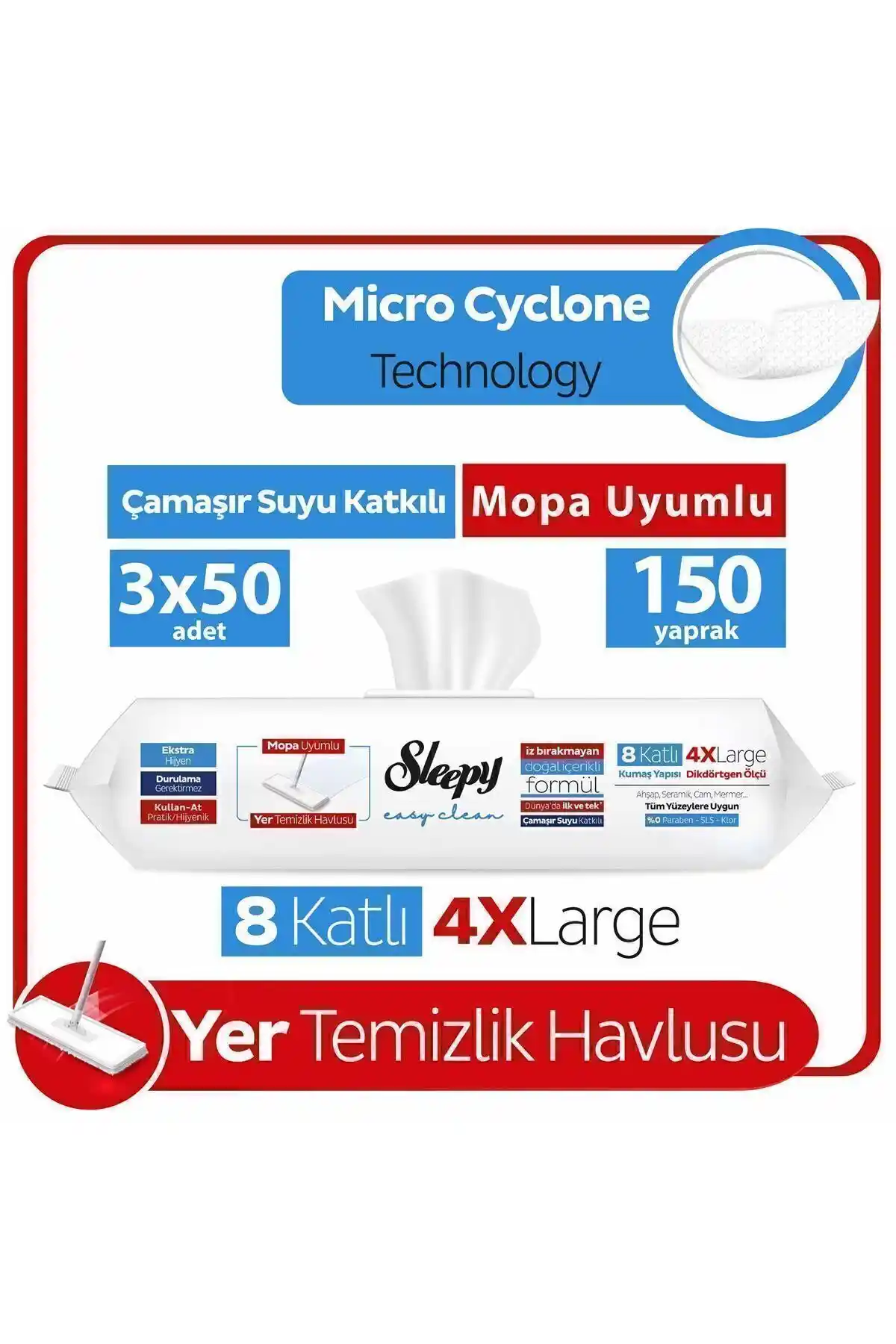 Sleepy Easy Clean Çamaşır Suyu Katkılı Mopa Uyumlu Temizlik Havlusu ve Mendili