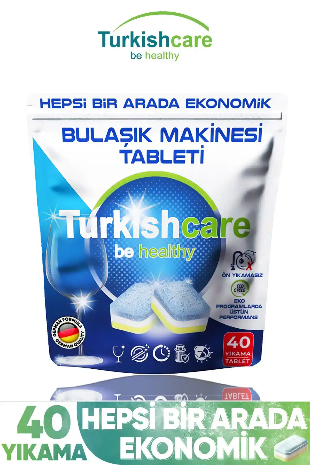 Turkishcare Hepsi Bir Arada Ekonomik 40 Yıkama Bulaşık Deterjanı Üstün Temizlik ve Parlaklık Sağlar