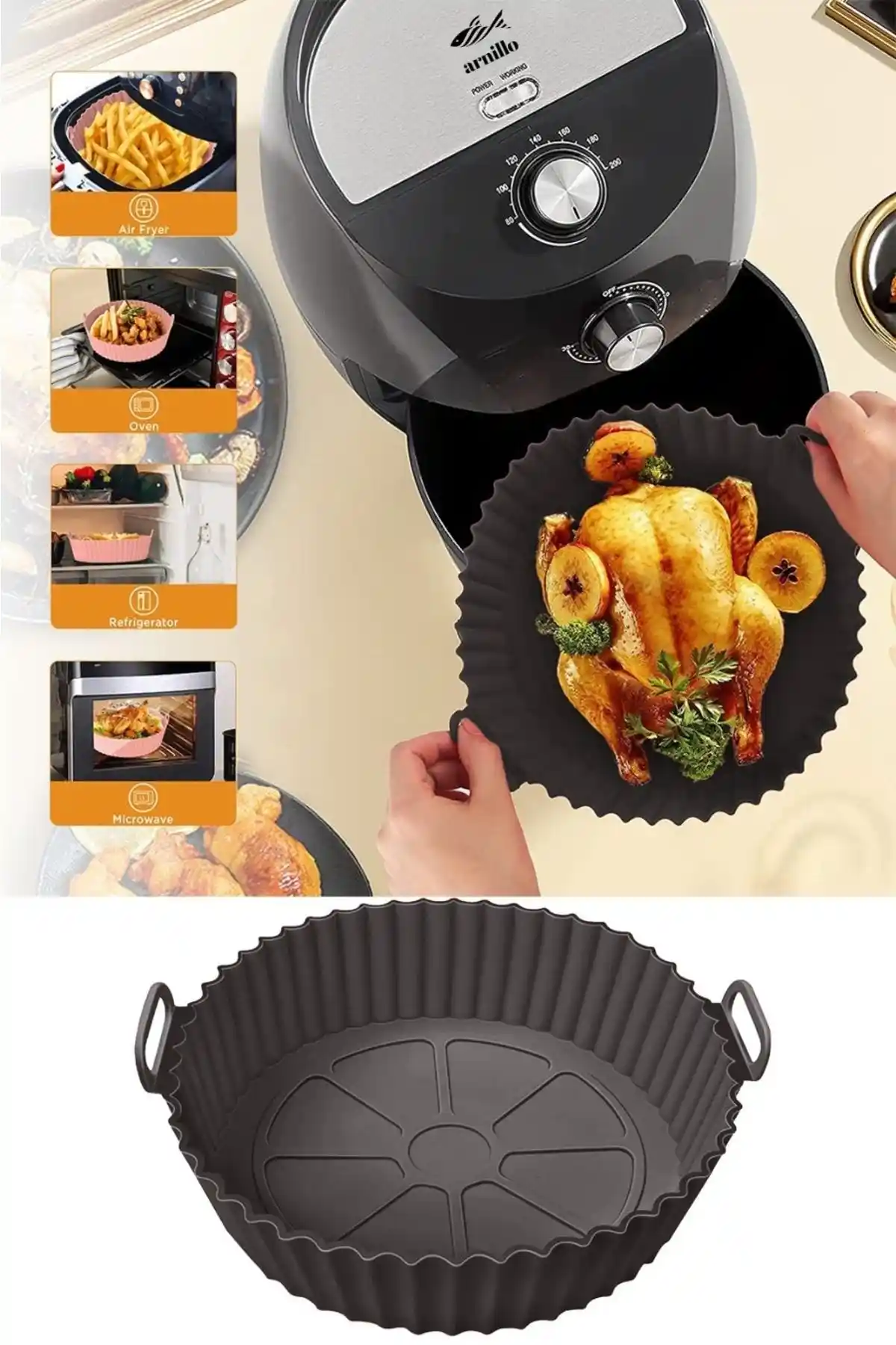 VİGENTİNO Antrasit Airfryer Silikon Pişirme Kalıbı: Sağlıklı ve Pratik Mutfak Çözümü
