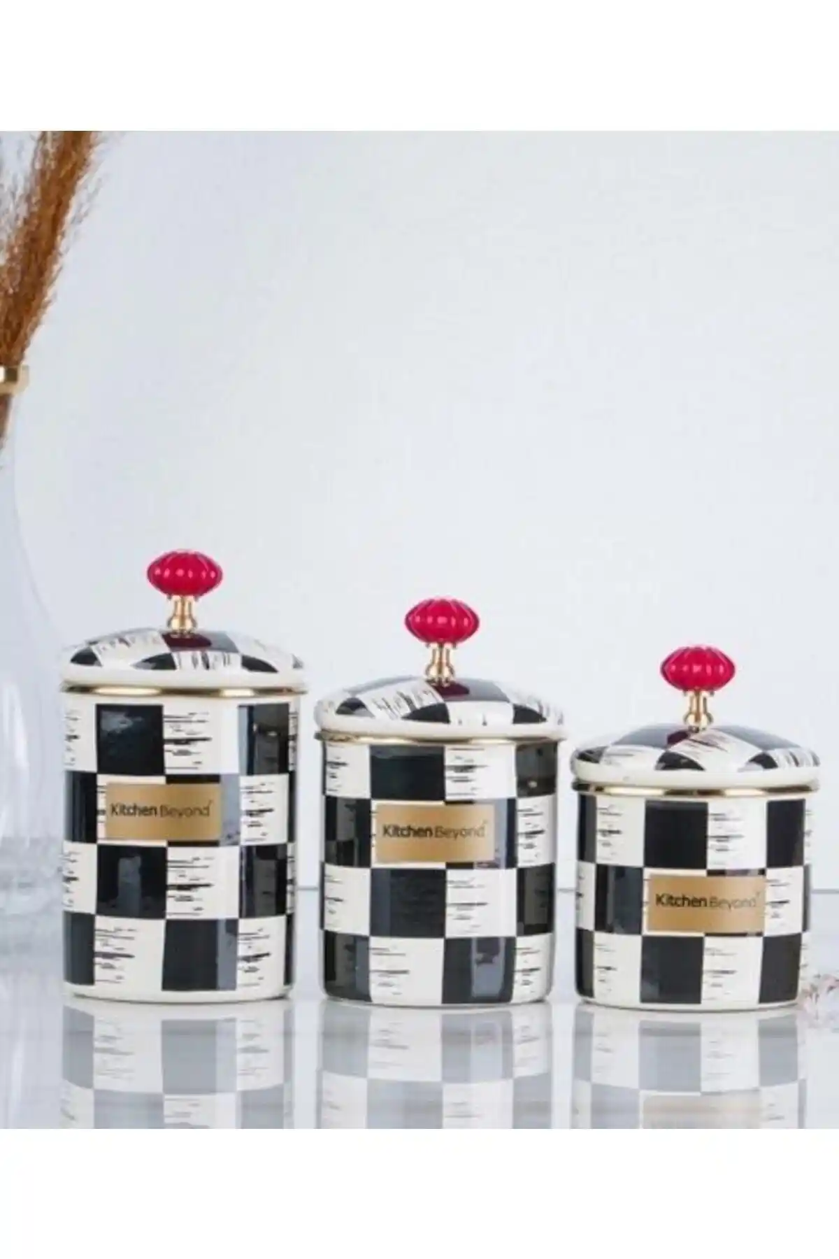 ACAR Kitchen Beyond Dama Desen Siyah-Krem Emaye 3 Lü Kavanoz Seti Şık ve Dayanıklı Mutfak Saklama Çözümleri