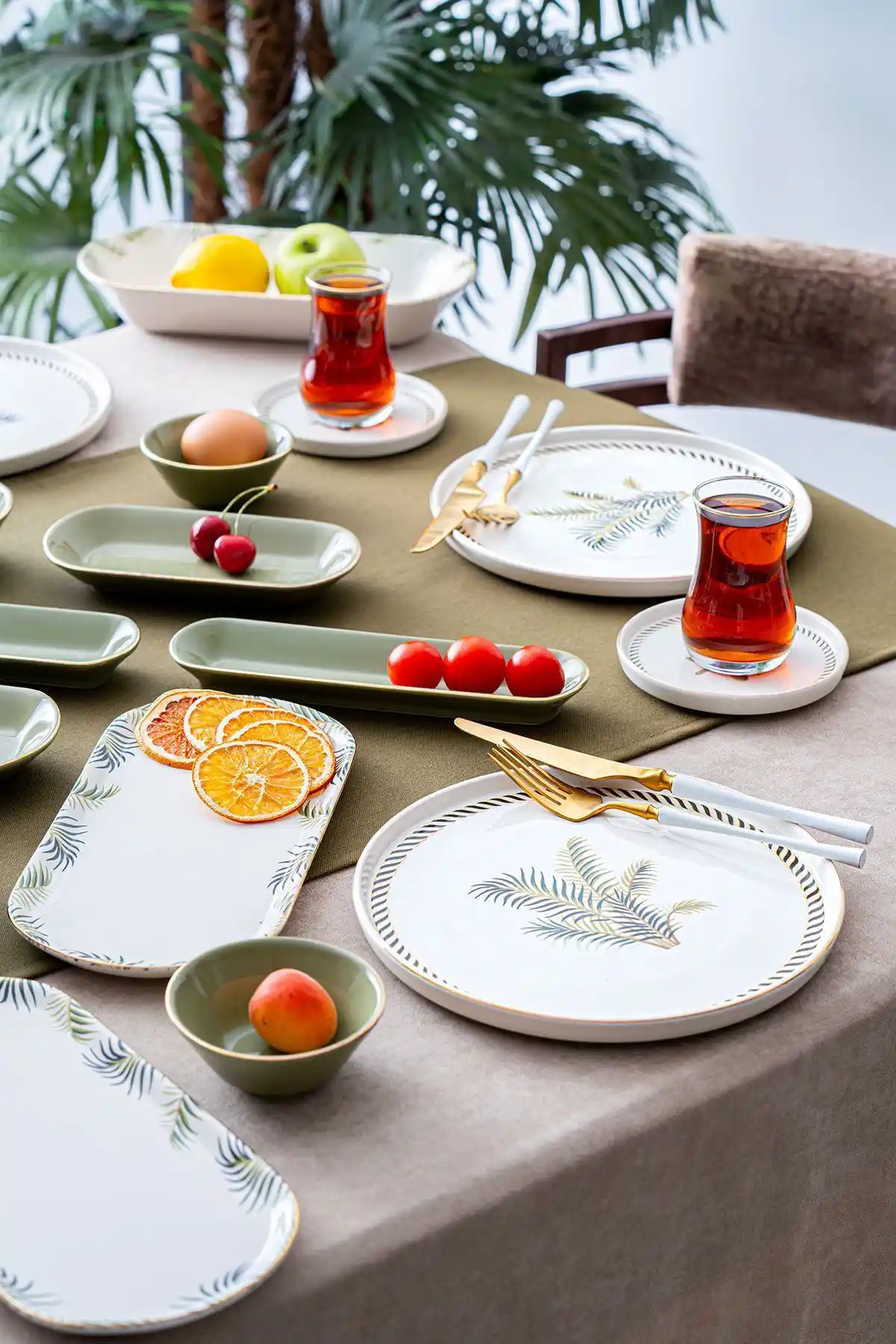 ACAR Vegas 31 Parça Yeşil Beyaz Desenli Kahvaltı Takımı 6 Kişilik ve Dayanıklı Tasarım