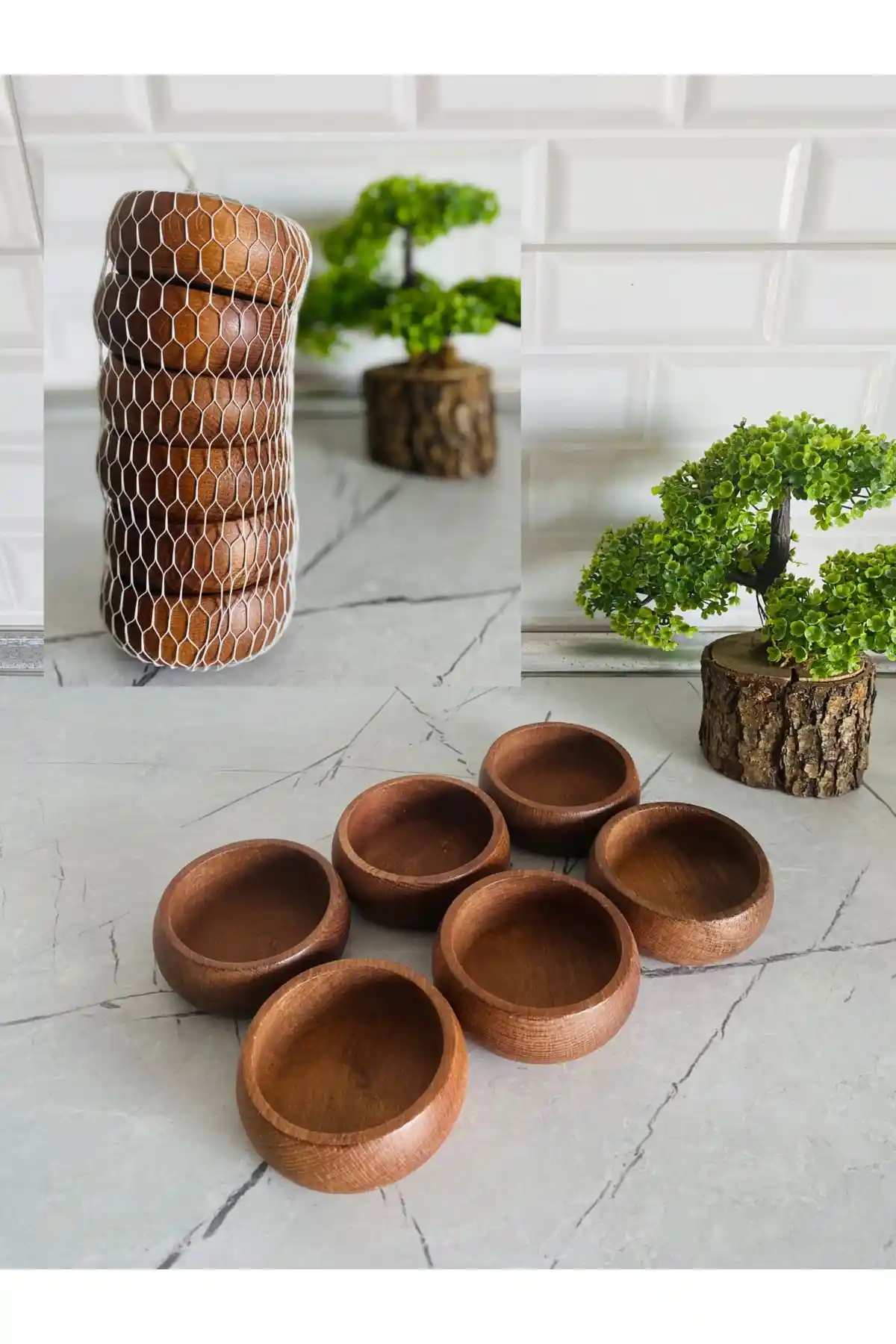 Adenwoodart 6'lı Ahşap Çerezlik ve Kahvaltılık Sunum Kasesi Seti