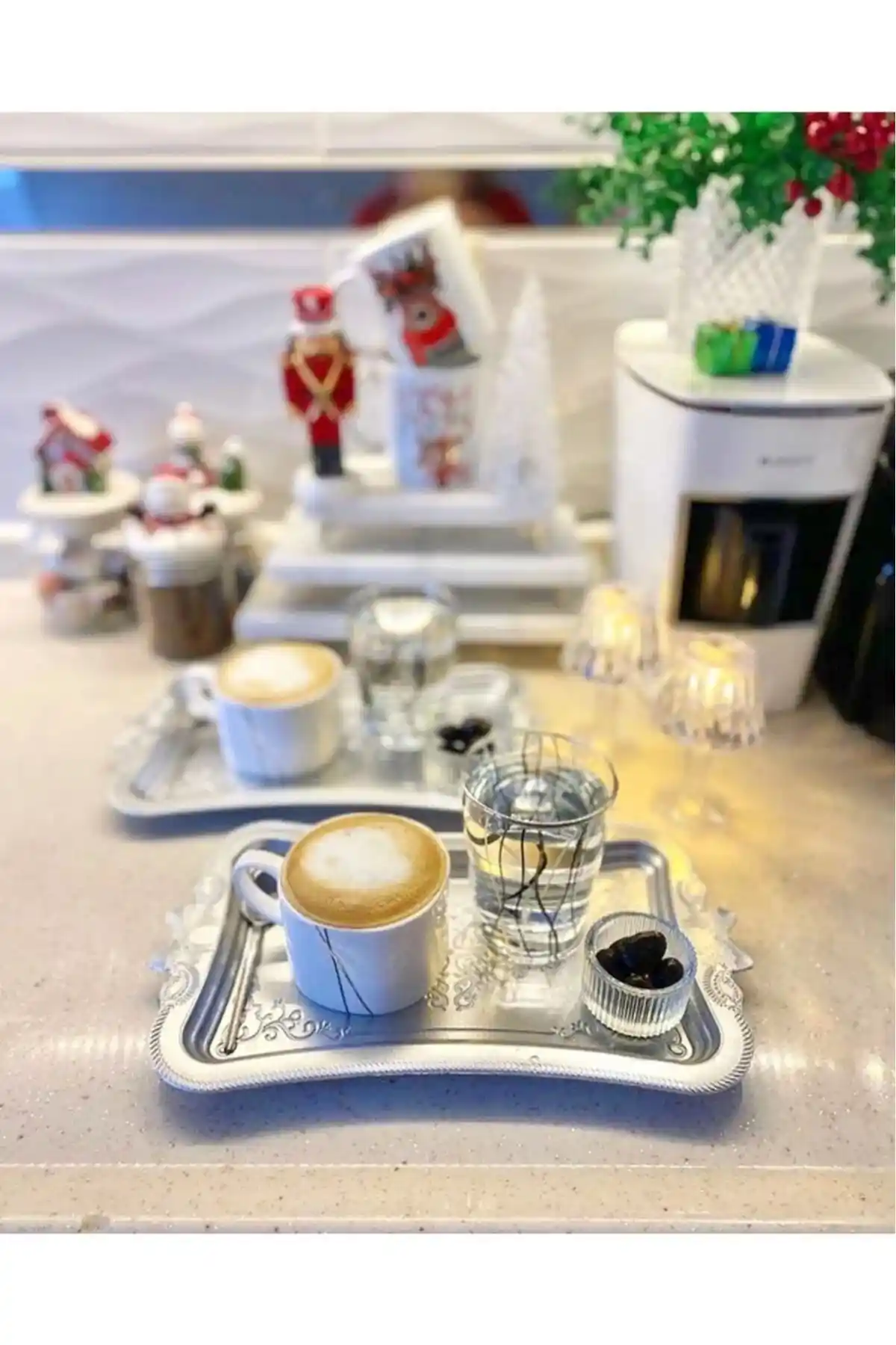 AKZ HOME 6'lı Gümmüş Renkli Plastik Kahve Sunum Tepsisi Seti Modern Tasarım