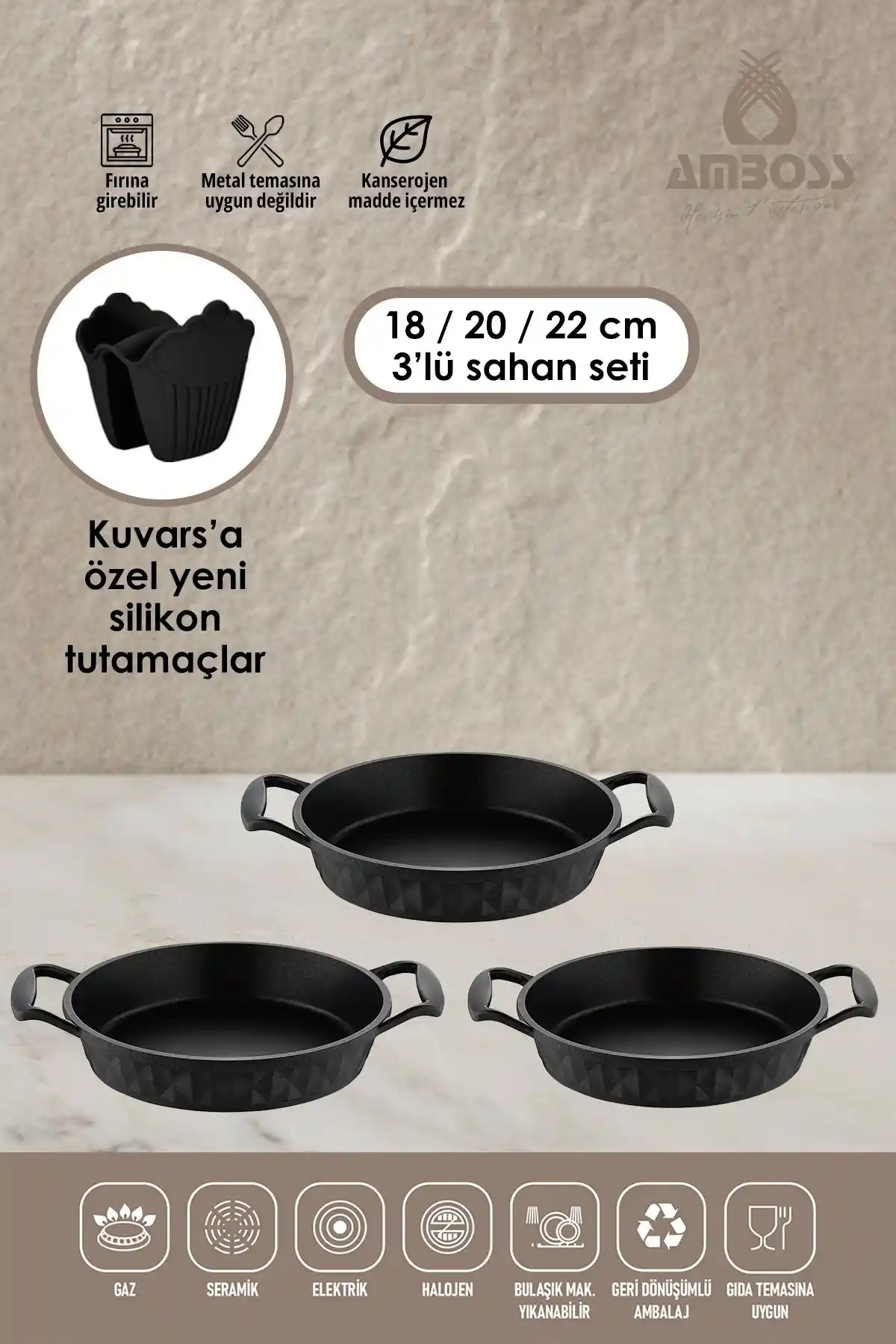 Amboss Kuvars 3 Parça Döküm Titanyum Kaplama Yanmaz Yapışmaz Sahan Seti