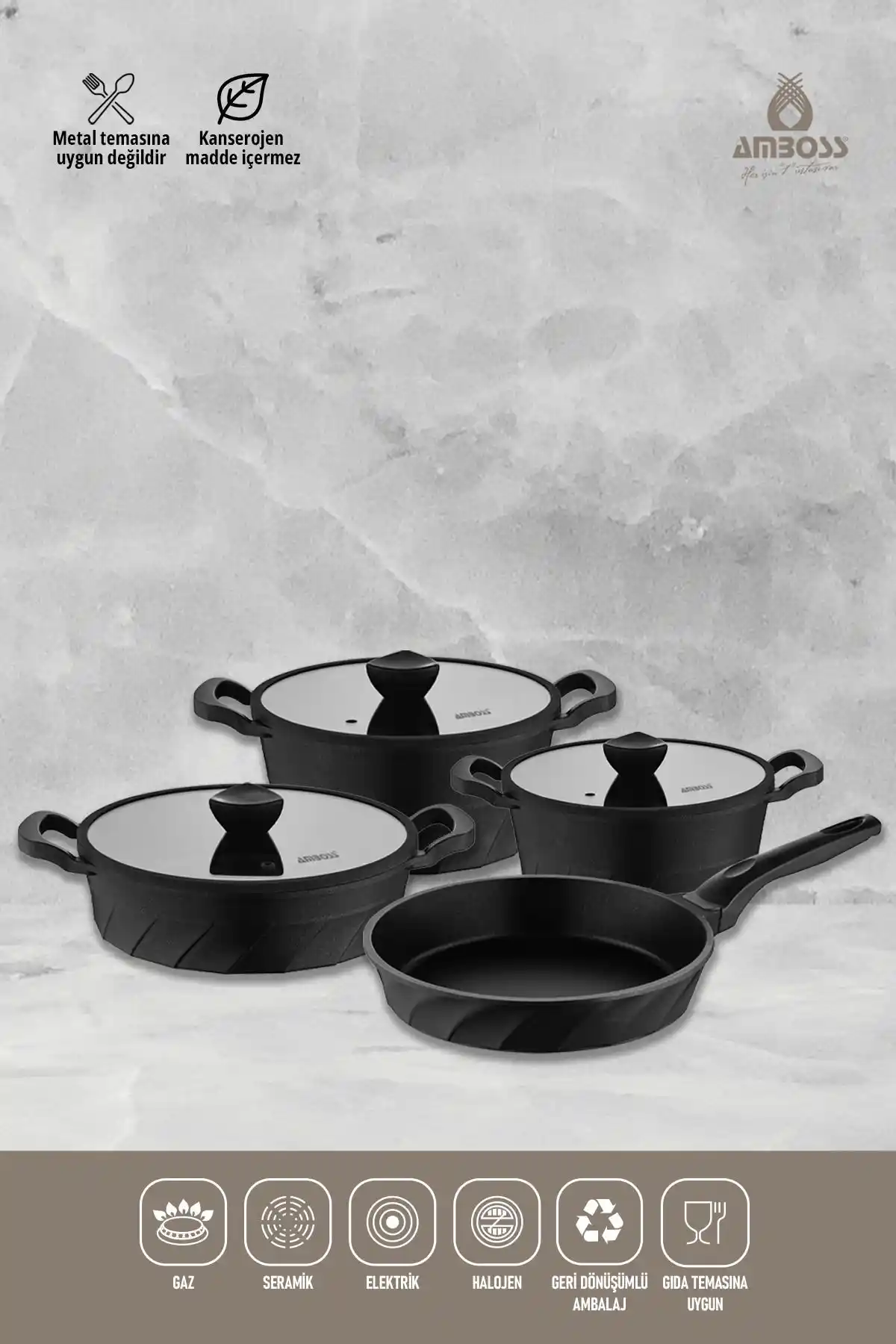 Amboss Kuvars Döküm Tencere Seti: 7 Parça Dayanıklı ve Fonksiyonel Mutfak Gereciği