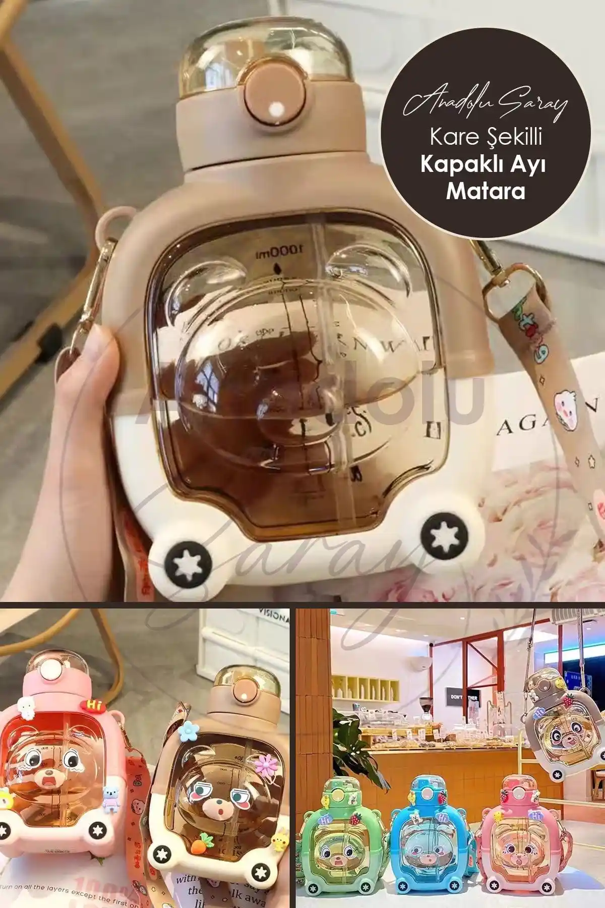 Anadolu Saray Kapaklı Kare Ayıcık Model Su Matarası Günlük Kullanım İçin Uygun