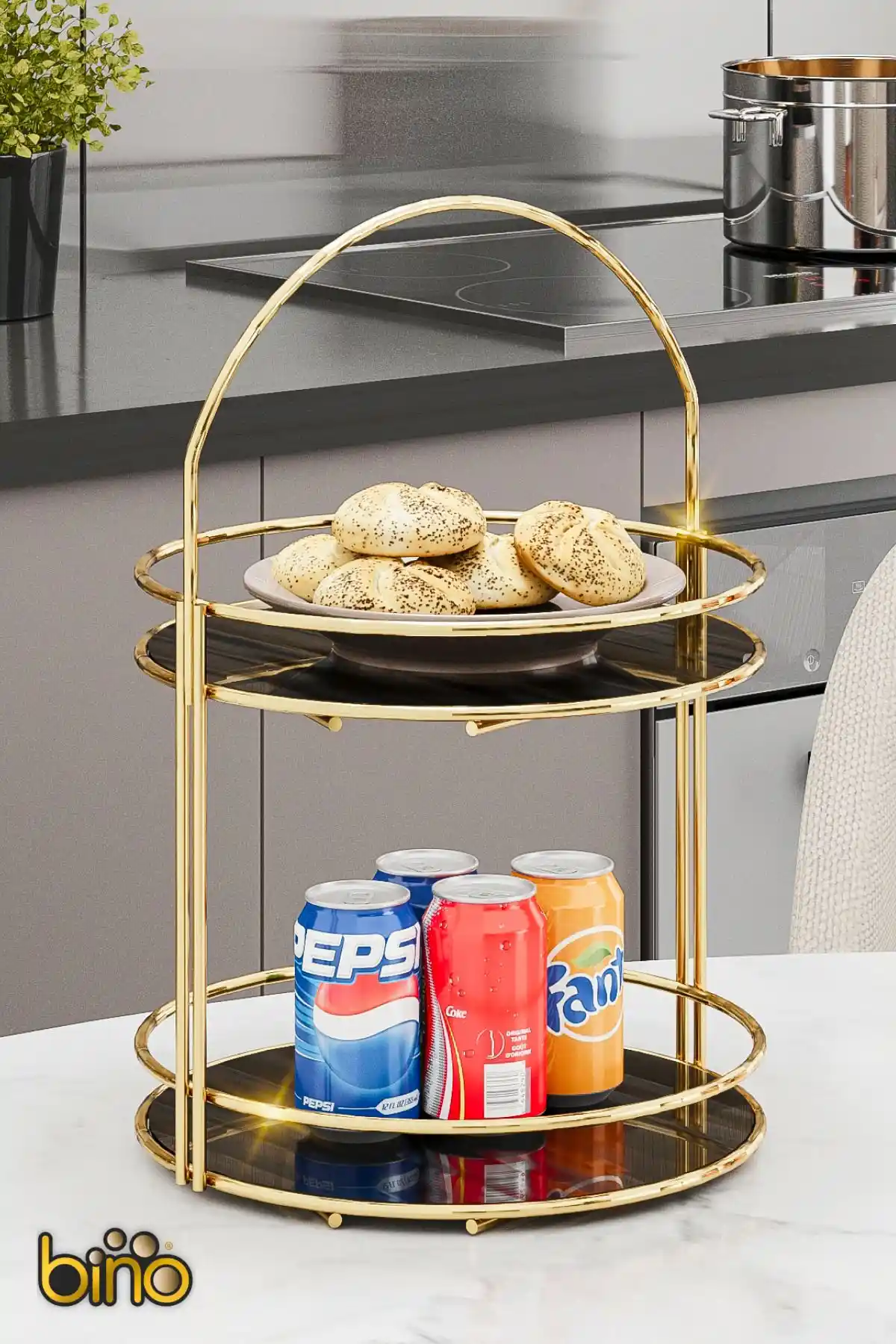 Bino Gold Büyük 2 Katlı Lüks Organizer ile Mutfak ve Sunum Alanlarınızı Şıklaştırın